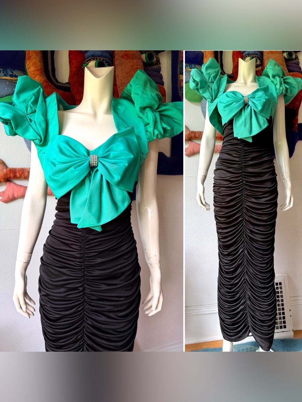 Vintage 1980s Climax David Howard Ruched Maxi Dress Dramatic Bolero Black Green